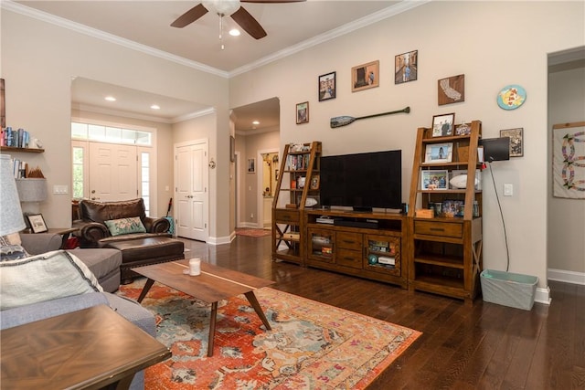 405 Greystone Dr, Horseheads, NY 14845 - living area featuring a ceiling fan, wood-type flooring, ornamental molding, and recessed lighting