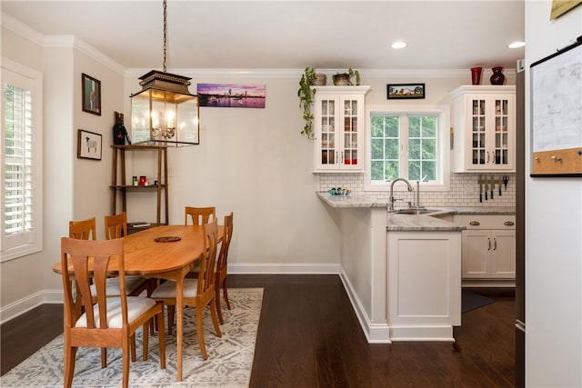 405 Greystone Dr, Horseheads, NY 14845 - dining room featuring crown molding, dark wood-style floors, a chandelier, and recessed lighting