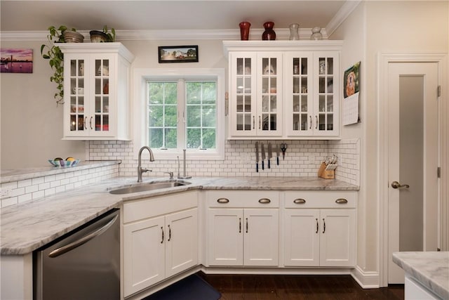 405 Greystone Dr, Horseheads, NY 14845 - kitchen featuring dishwasher, white cabinets, tasteful backsplash, light stone counters, and crown molding