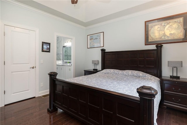 405 Greystone Dr, Horseheads, NY 14845 - bedroom with dark wood-style floors, crown molding, connected bathroom, and ceiling fan