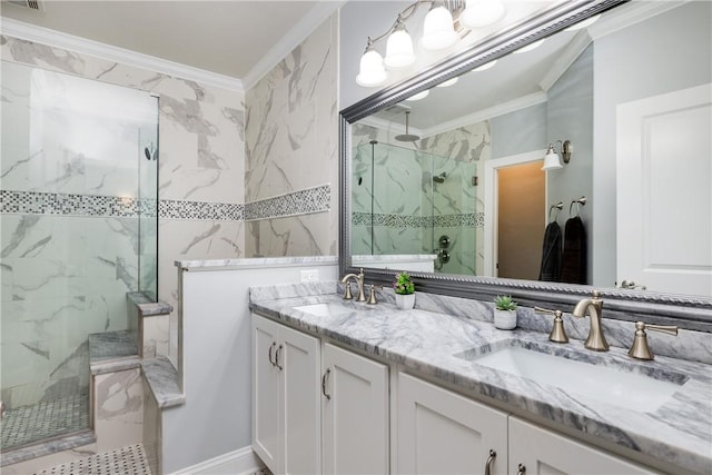 405 Greystone Dr, Horseheads, NY 14845 - bathroom with ornamental molding, a marble finish shower, and double vanity