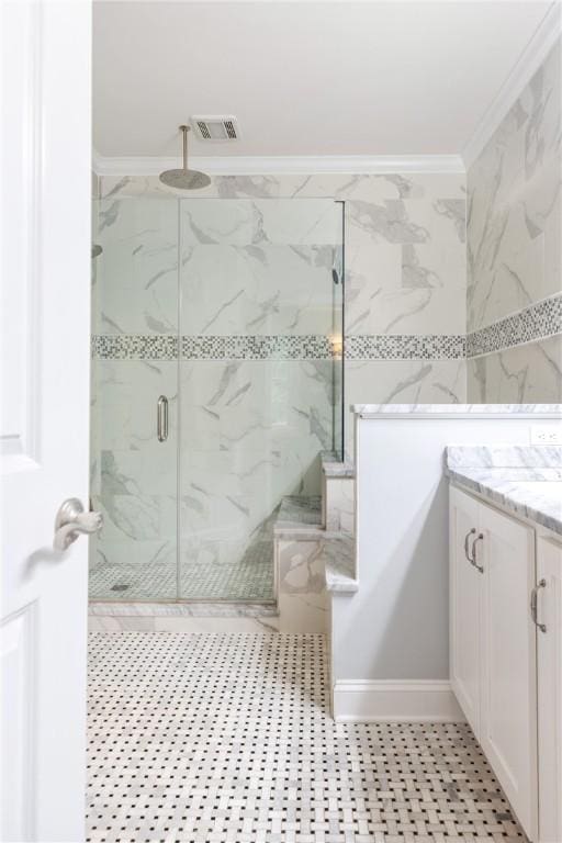 405 Greystone Dr, Horseheads, NY 14845 - bathroom with a marble finish shower, vanity, and crown molding