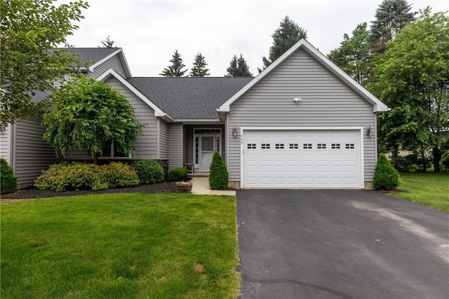 405 Greystone Dr, Horseheads, NY 14845 - ranch-style house featuring asphalt driveway, a garage, a front yard, and a shingled roof