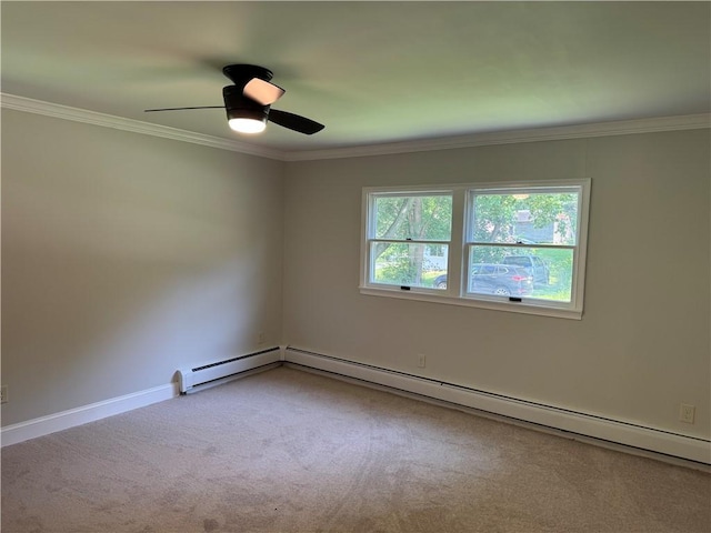 6365 Honey Run Rd, Hornellsville, NY 14843 - carpeted spare room with a ceiling fan, crown molding, and a baseboard heating unit