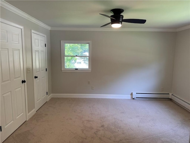 6365 Honey Run Rd, Hornellsville, NY 14843 - unfurnished bedroom featuring light carpet, crown molding, two closets, and a ceiling fan