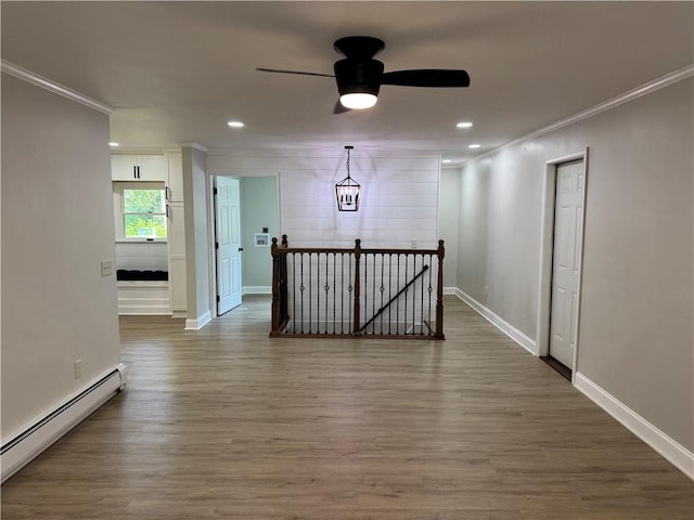6365 Honey Run Rd, Hornellsville, NY 14843 - hall featuring a baseboard radiator, an upstairs landing, crown molding, wood finished floors, and recessed lighting
