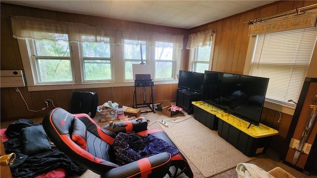 401 Lower Pace Rd, Corning City, NY 14830 - living room with wood walls and carpet flooring