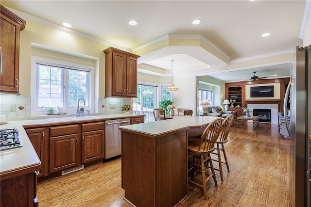 117 Neuchatel Ln, Perinton, NY 14450 - kitchen with appliances with stainless steel finishes, ceiling fan, open floor plan, light wood-style floors, and a fireplace