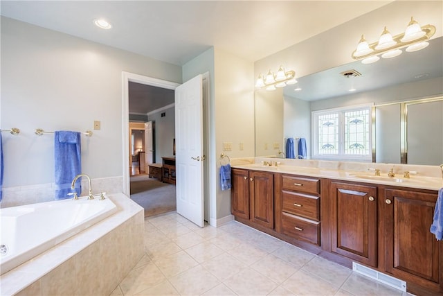 117 Neuchatel Ln, Perinton, NY 14450 - bathroom featuring double vanity, a bath, tile patterned flooring, and a shower stall