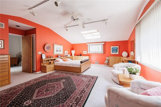 125 Sunset Dr, Brighton, NY 14618 - carpeted bedroom featuring track lighting, lofted ceiling, and a skylight