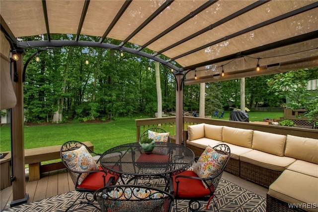 160 Greengage Cir, Amherst, NY 14051 - wooden terrace featuring an outdoor hangout area, a pergola, a yard, outdoor dining space, and view of scattered trees