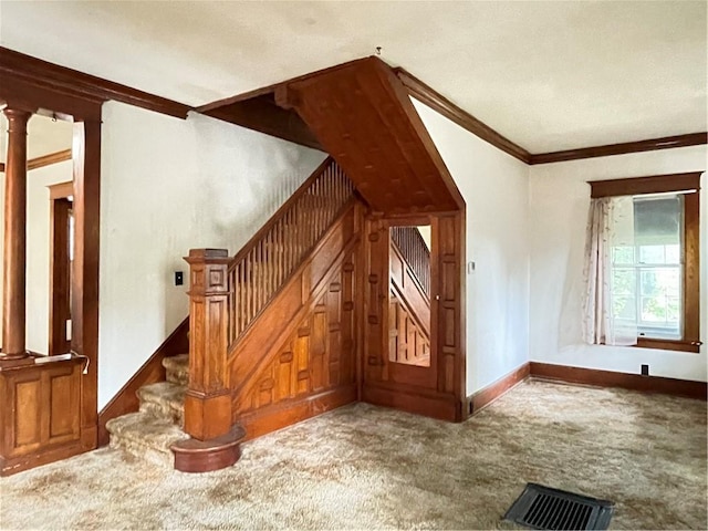 4 Third St, Oneonta, NY 13820 - stairway with carpet flooring and crown molding