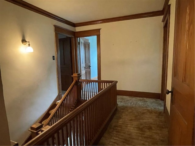 4 Third St, Oneonta, NY 13820 - hall with an upstairs landing, crown molding, and dark colored carpet