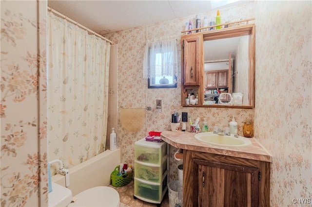 218 Campbell Rd, Gouverneur, NY 13642 - full bath with wallpapered walls, vanity, and shower / bath combo