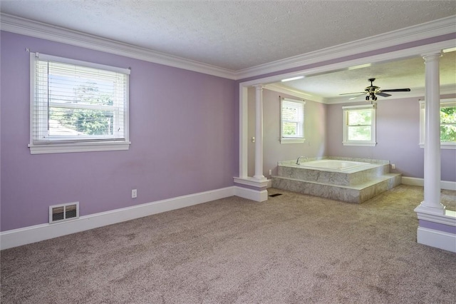 179 Down St, Henrietta, NY 14623 - bathroom with carpet floors, decorative columns, ornamental molding, a garden tub, and ceiling fan