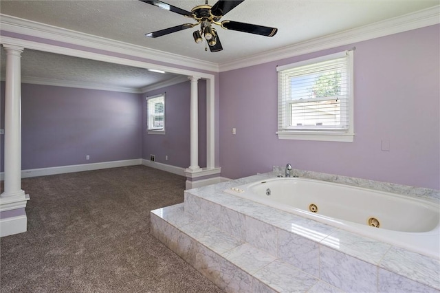 179 Down St, Henrietta, NY 14623 - bathroom featuring decorative columns, a whirlpool tub, a ceiling fan, crown molding, and a textured ceiling