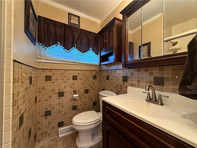 890 Holdridge St, Southport, NY 14904 - bathroom with tile walls, vanity, ornamental molding, and tile patterned flooring