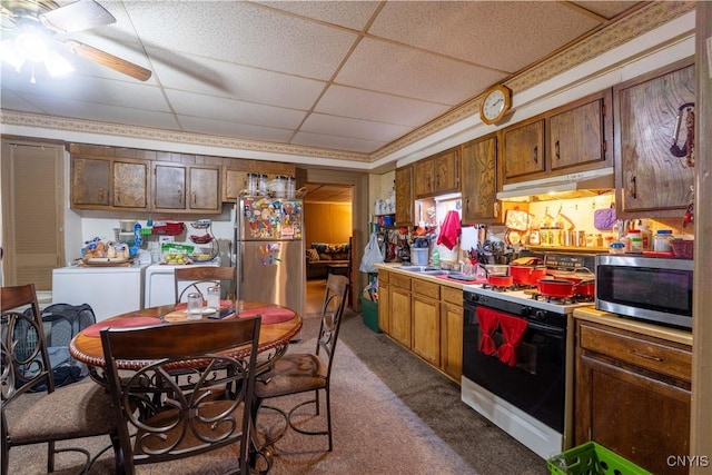 103 Stanwix St, Rome, NY 13440 - kitchen with stainless steel appliances, under cabinet range hood, washer and dryer, dark colored carpet, and light countertops