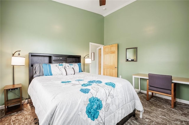 7156 County Line Rd, Naples, NY 14512 - bedroom with a towering ceiling and ceiling fan