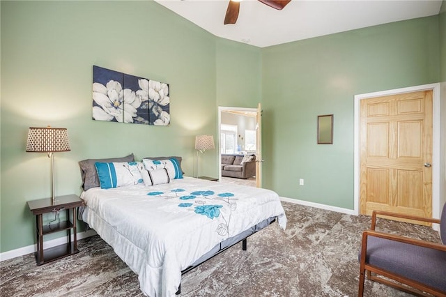 7156 County Line Rd, Naples, NY 14512 - carpeted bedroom with a ceiling fan and a high ceiling