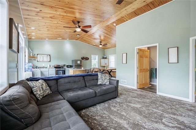 7156 County Line Rd, Naples, NY 14512 - living room with ceiling fan, wooden ceiling, high vaulted ceiling, and recessed lighting