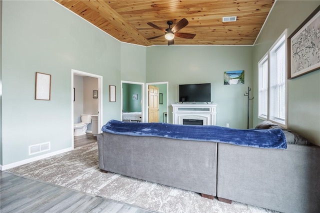 7156 County Line Rd, Naples, NY 14512 - living area featuring wood ceiling, wood finished floors, a ceiling fan, a fireplace, and lofted ceiling