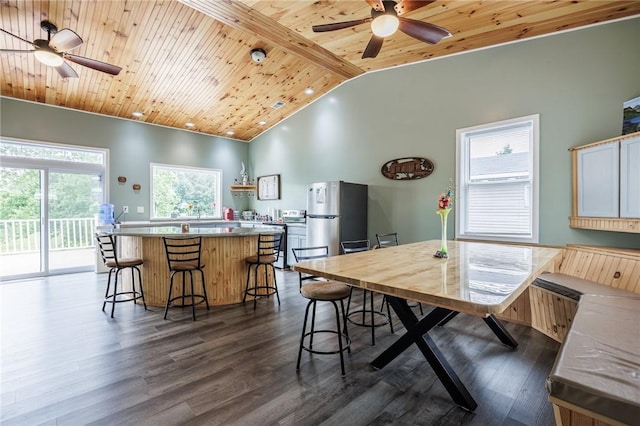 7156 County Line Rd, Naples, NY 14512 - dining space featuring a ceiling fan, wooden ceiling, and dark wood-type flooring