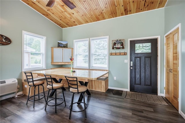 7156 County Line Rd, Naples, NY 14512 - dining space with dark wood-type flooring, vaulted ceiling, wood ceiling, and ceiling fan
