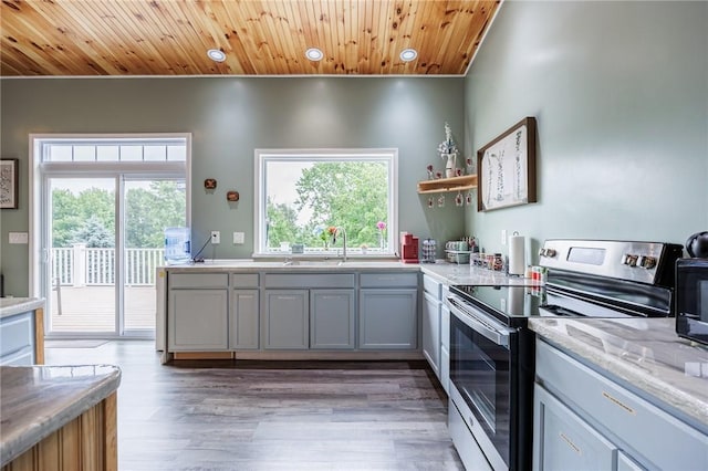 7156 County Line Rd, Naples, NY 14512 - kitchen featuring stainless steel electric range, light wood-style floors, gray cabinets, wood ceiling, and open shelves