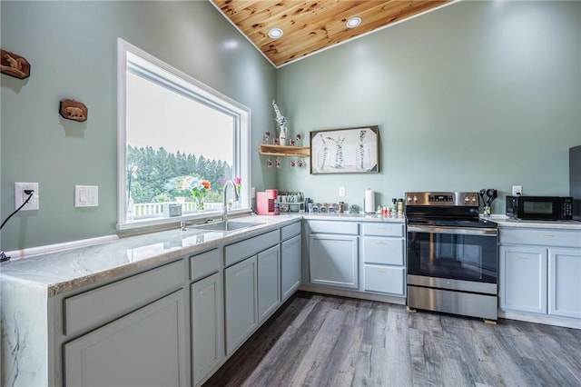 7156 County Line Rd, Naples, NY 14512 - kitchen with electric stove, black microwave, wood ceiling, light wood finished floors, and vaulted ceiling