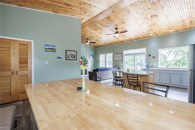 7156 County Line Rd, Naples, NY 14512 - kitchen with wood ceiling, ceiling fan, wood finished floors, open floor plan, and light countertops