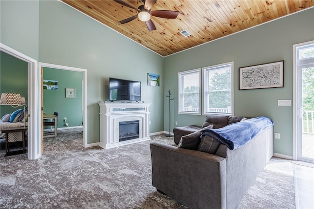 7156 County Line Rd, Naples, NY 14512 - carpeted living room with ceiling fan, wooden ceiling, lofted ceiling, and a fireplace