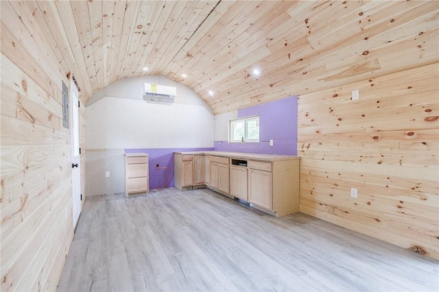 7156 County Line Rd, Naples, NY 14512 - additional living space with lofted ceiling, wood ceiling, a wall mounted AC, light wood finished floors, and wooden walls