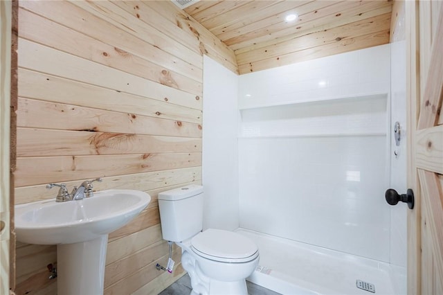 7156 County Line Rd, Naples, NY 14512 - bathroom with wood walls, wooden ceiling, and a stall shower