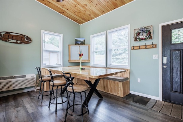 7156 County Line Rd, Naples, NY 14512 - dining room with vaulted ceiling, dark wood-style floors, a wall mounted air conditioner, and wooden ceiling