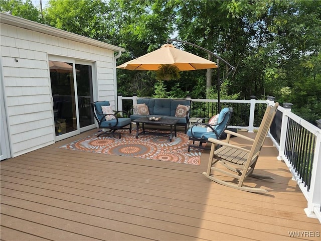 4049 River Rd, Lewiston, NY 14174 - wooden deck featuring outdoor lounge area and view of scattered trees