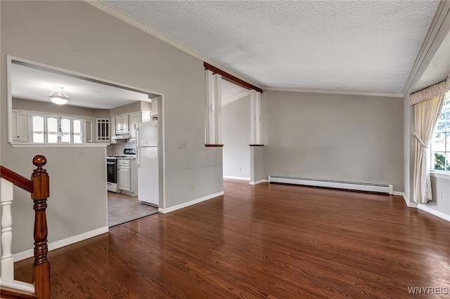 17 Frantzen Ter, Cheektowaga, NY 14227 - unfurnished living room with baseboard heating, dark wood-type flooring, a textured ceiling, lofted ceiling, and ornamental molding
