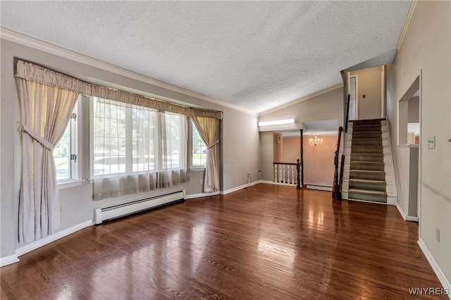 17 Frantzen Ter, Cheektowaga, NY 14227 - unfurnished living room featuring a baseboard heating unit, a textured ceiling, vaulted ceiling, wood finished floors, and crown molding