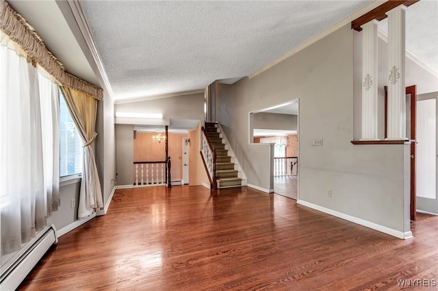 17 Frantzen Ter, Cheektowaga, NY 14227 - unfurnished living room with baseboard heating, ornamental molding, a textured ceiling, lofted ceiling, and wood finished floors