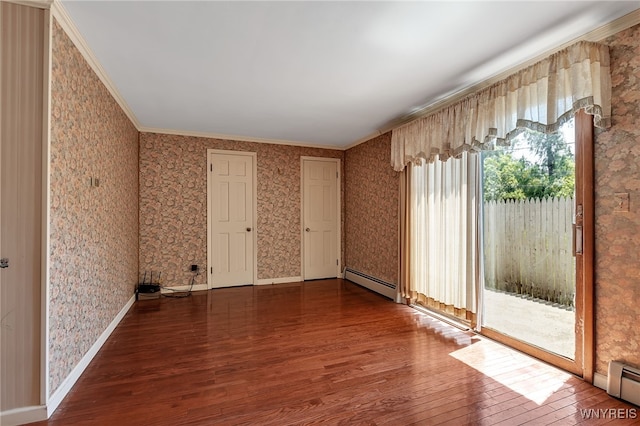 17 Frantzen Ter, Cheektowaga, NY 14227 - spare room featuring wood-type flooring, a baseboard heating unit, ornamental molding, and wallpapered walls