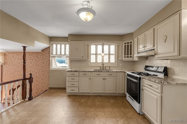 17 Frantzen Ter, Cheektowaga, NY 14227 - kitchen featuring gas range oven, under cabinet range hood, decorative backsplash, light stone counters, and glass insert cabinets
