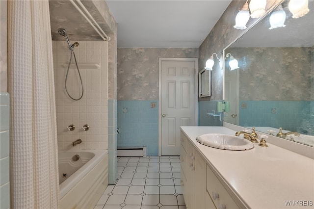17 Frantzen Ter, Cheektowaga, NY 14227 - full bath featuring tile walls, wallpapered walls, shower / bath combo, wainscoting, and vanity