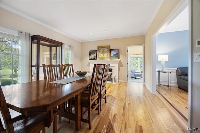 8067 Irish Mist Ln, Manlius, NY 13104 - dining space featuring light wood finished floors, ornamental molding, and a fireplace