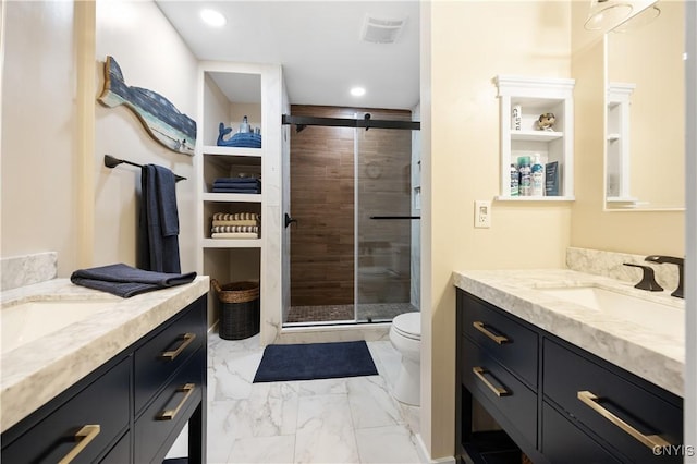 8067 Irish Mist Ln, Manlius, NY 13104 - full bathroom with marble finish flooring, two vanities, a stall shower, and recessed lighting