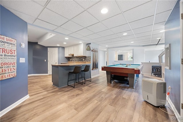 8067 Irish Mist Ln, Manlius, NY 13104 - playroom featuring light wood-style floors, billiards table, bar with sink, a paneled ceiling, and recessed lighting