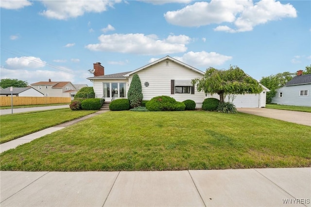 66 Gierlach St, Cheektowaga, NY 14212 - ranch-style home with driveway, a chimney, a front lawn, and an attached garage