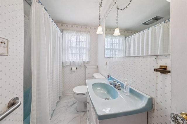 66 Gierlach St, Cheektowaga, NY 14212 - bathroom featuring vanity, marble finish flooring, wallpapered walls, and a shower with shower curtain