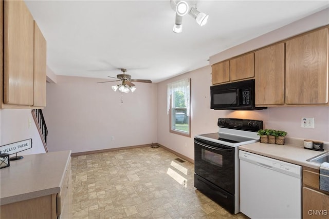 5539 Taormina Dr, Clay, NY 13041 - kitchen with black appliances, a ceiling fan, and light countertops