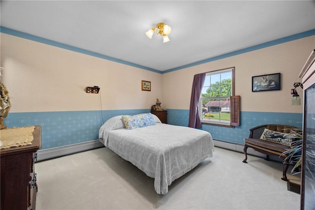 7980 Cedarwood Dr, Rome, NY 13440 - carpeted bedroom with a baseboard heating unit, wainscoting, and wallpapered walls