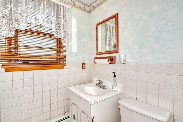 163 Auramar Dr, Irondequoit, NY 14609 - half bath featuring wallpapered walls, vanity, and tile walls